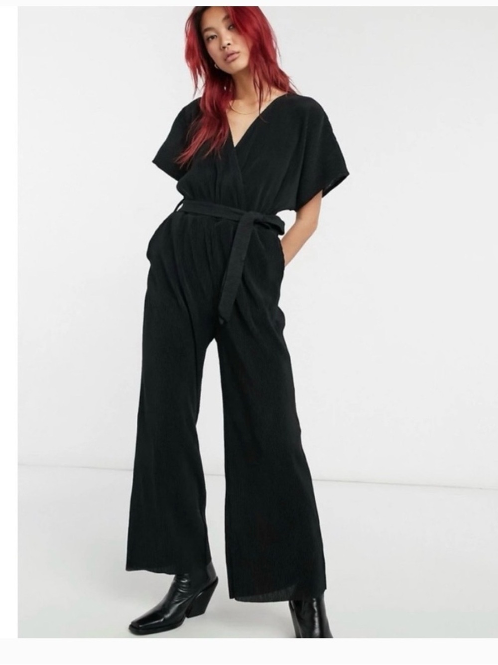 & other stories Ribbed Jersey Jumpsuit Dolman Sleeve Tie Waist Wide Leg Black